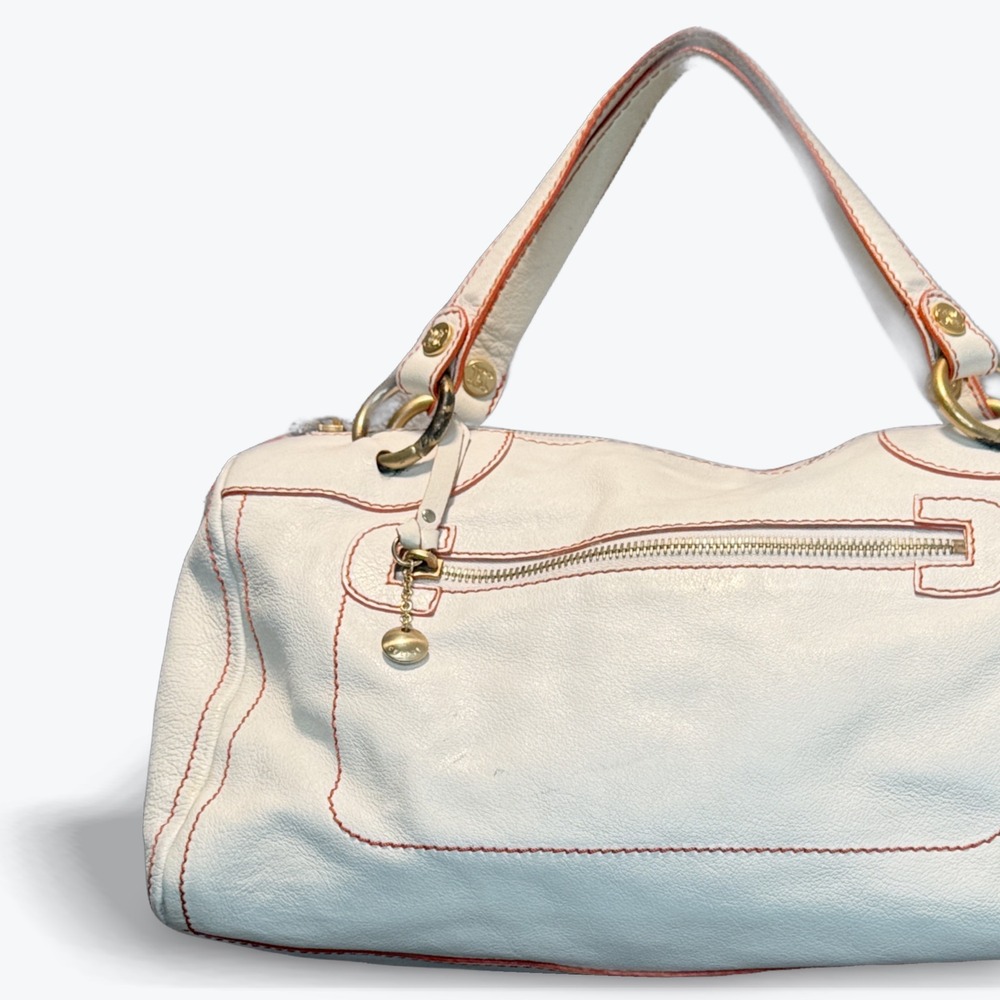 Celine Bittersweet White Leather Hobo Bag Orange Stitching Shoulder Handbag‎